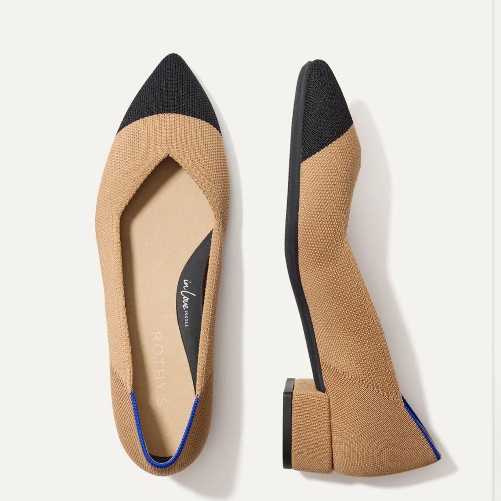 Rothy's Tan and Black Pointed Toe Block Heel Flats